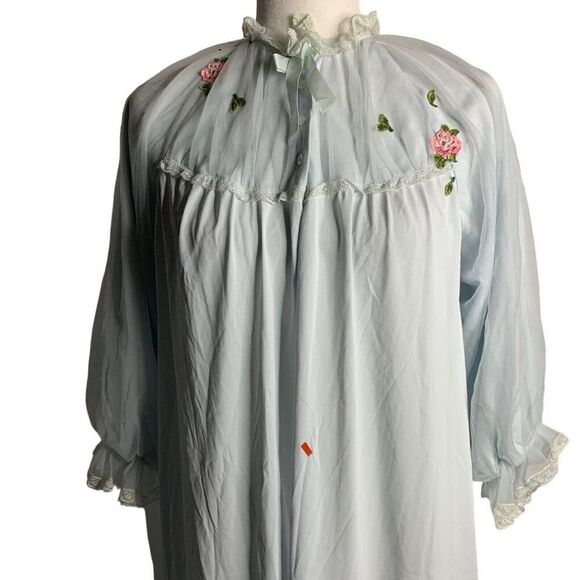 Vintage 50s Peignoir Robe Dressing Gown Lingerie M Blue Nylon Chiffon Lined - Picture 4 of 10